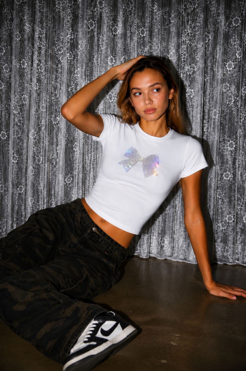 Crystal Bow Rhinestone Baby Tee – White