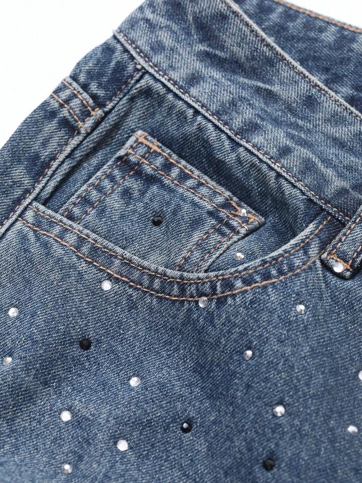 Blue Wide-Leg Jeans with All-Over Rhinestone Embellishments