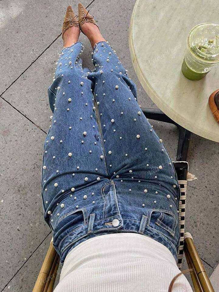 High-Rise Straight Jeans With White Pearl