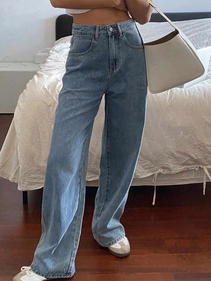 High-Waist Light Wash Wide-Leg Jeans with Bow Accent