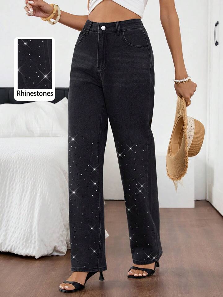 Women's Rhinestone Embellished High-Rise Jeans - Black