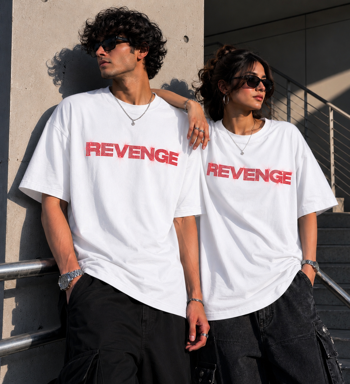 REVENGE - White Rhinestone Oversized Unisex T-Shirt