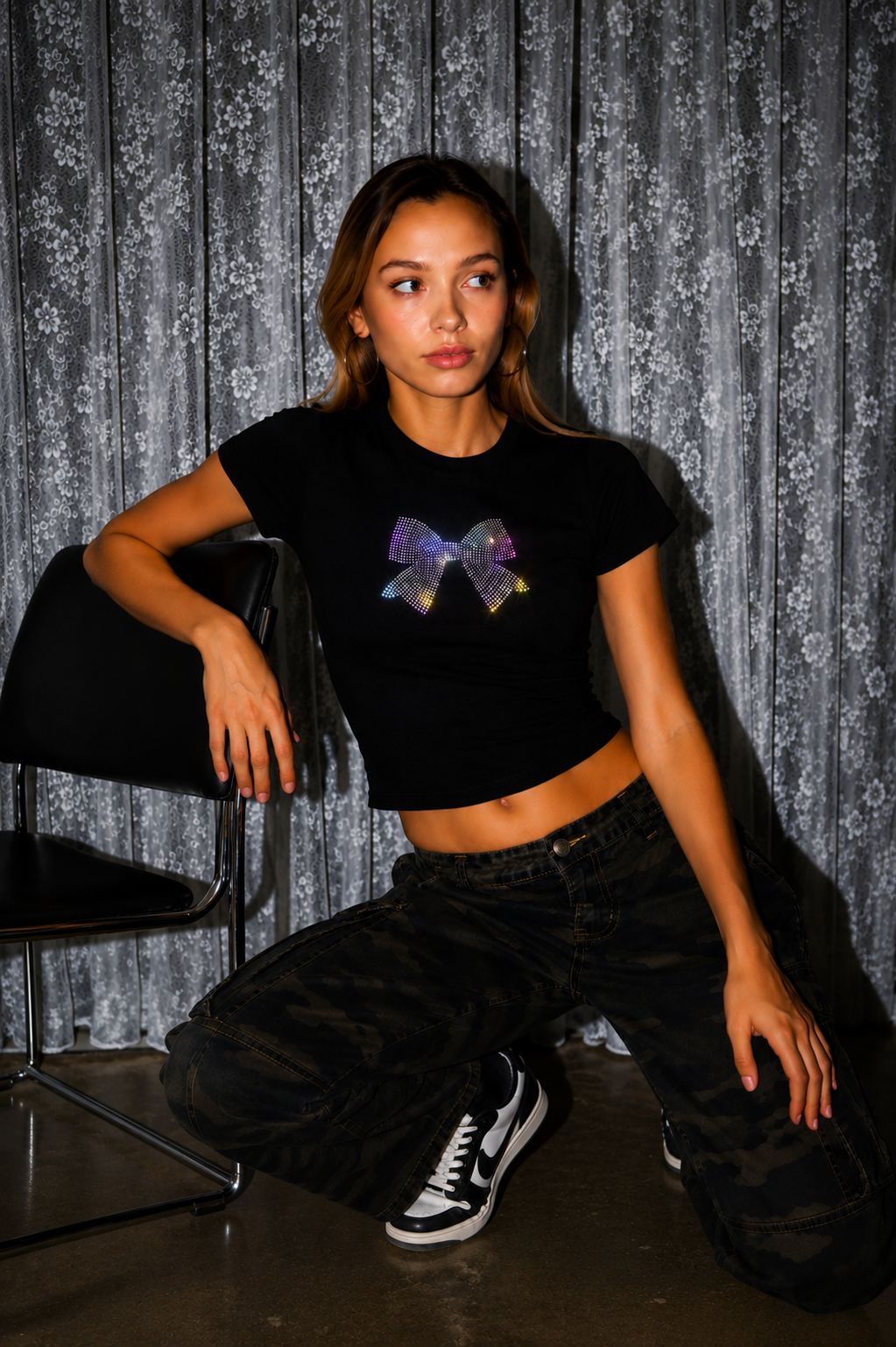 Crystal Bow Rhinestone Baby Tee – Black