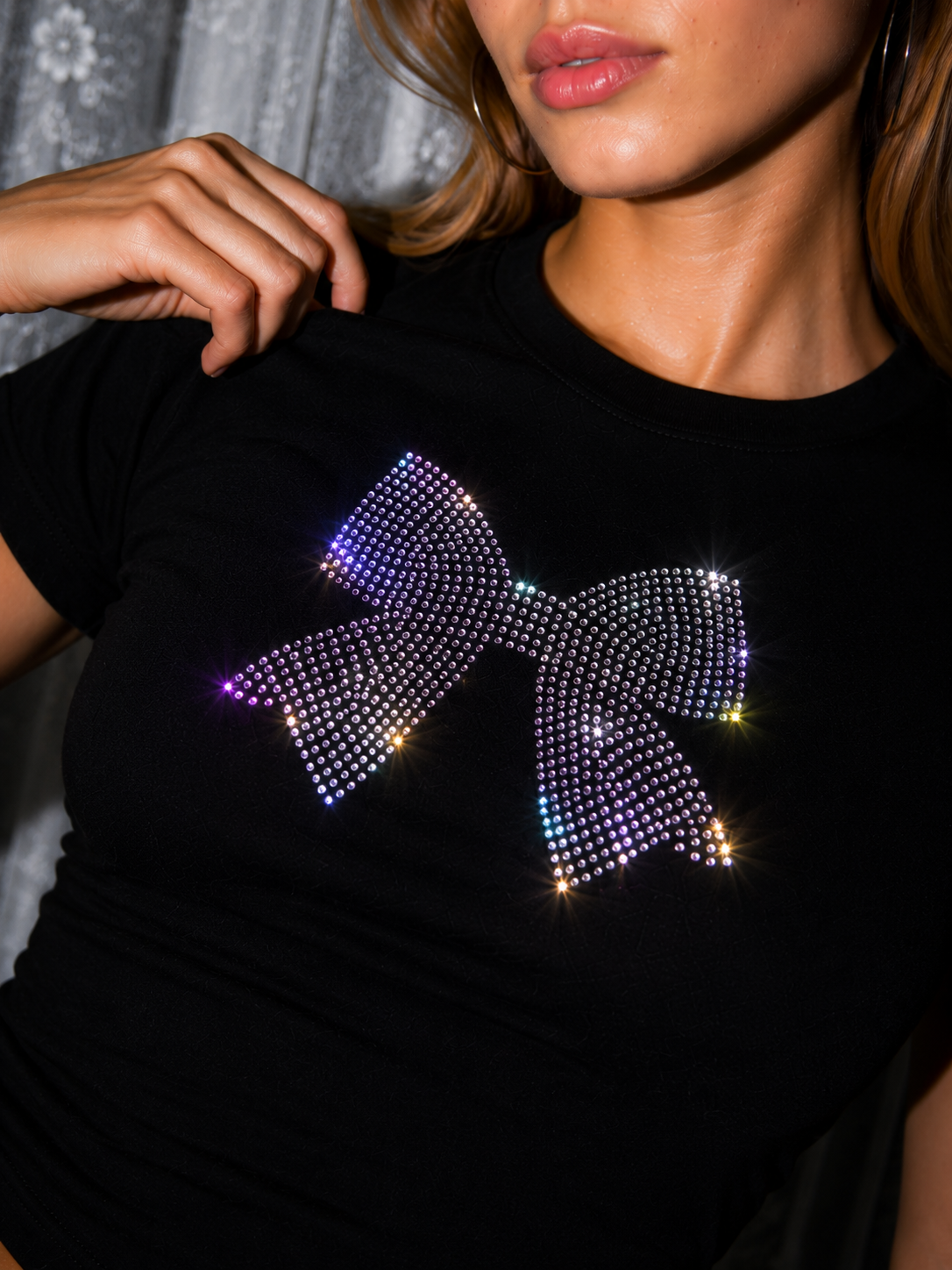 Crystal Bow Rhinestone Baby Tee – Black