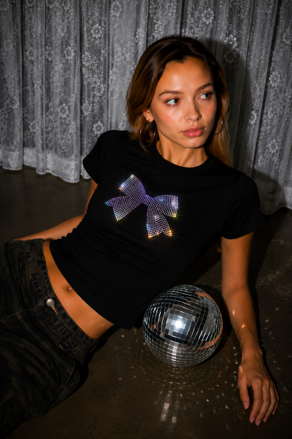 Crystal Bow Rhinestone Baby Tee – Black